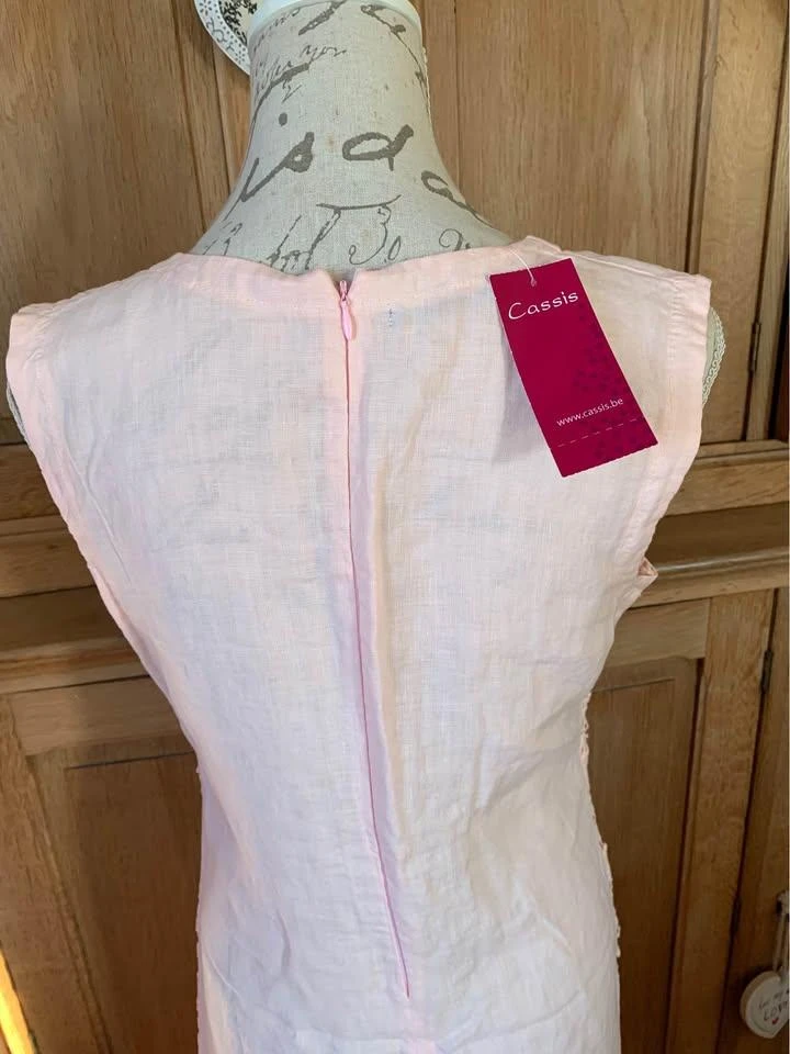 🌸 "Cassis" Dress in Powdered Pink Linen & Lace Embroidery – Size 42 – photo 4
